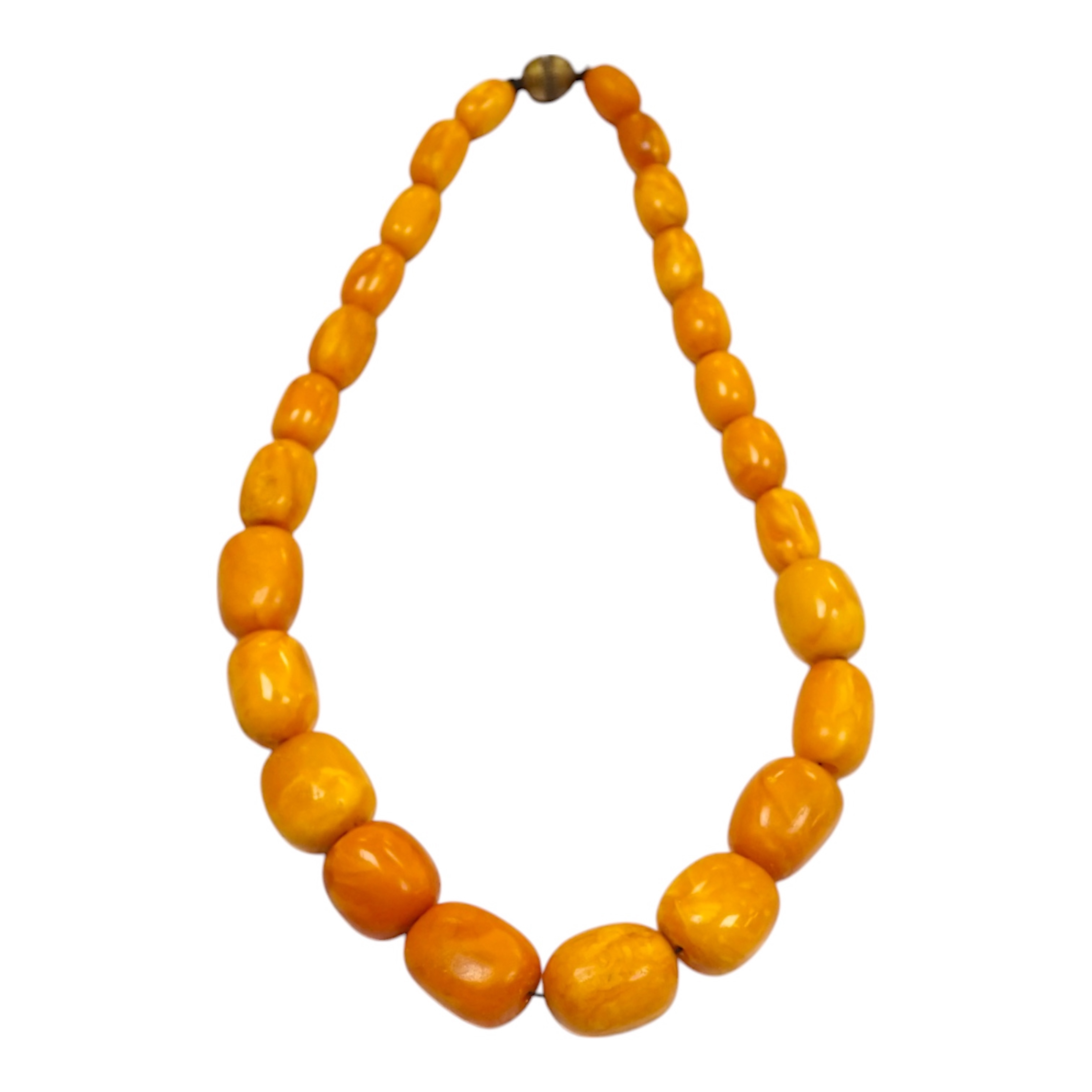 A single strand graduated oval amber bead necklace, 42cm, gross weight 49 grams. Condition - poor to fair